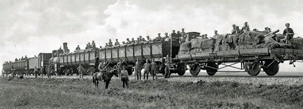 Setkání legionářských obrněných vlaků u stanice Miňjar, léto 1918